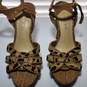 Gianni Bini Tan and Black Leopard-Print Cork Platform Heels
